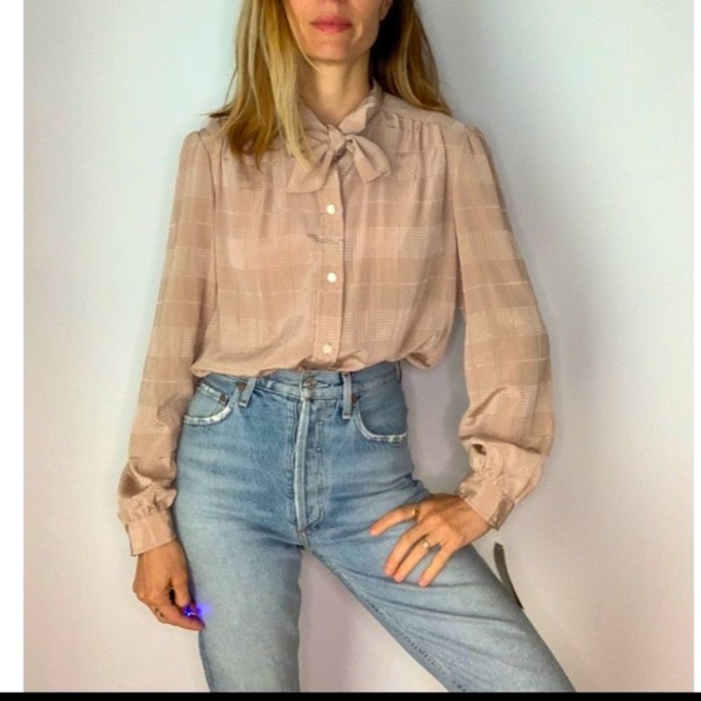 NWT Vintage Dead Stock Stripped Pussy Bow Beige Blouse - Picture 5 of 16
